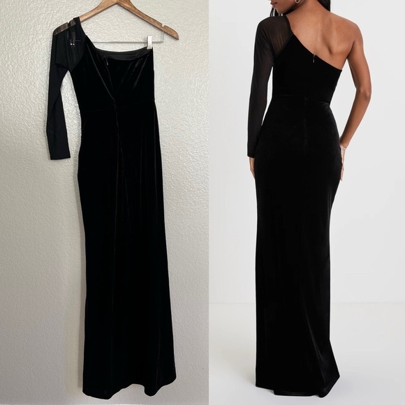 NWOT Lavish Style Black Velvet Mesh One-Shoulder Tulip Maxi Dress - Picture 3 of 8